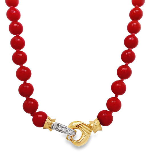 Italian Made Red Coral Bead Diamond Necklace Front view