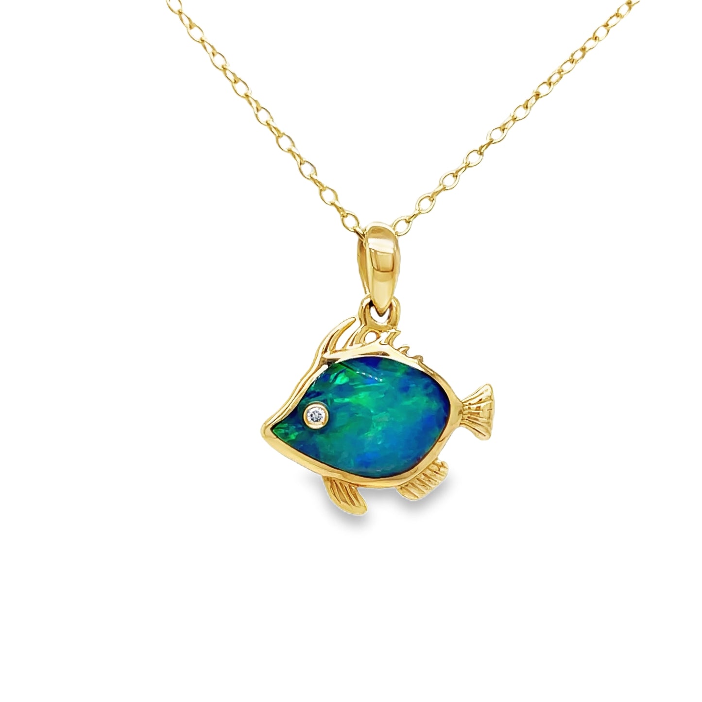 14k Diamond Opal Fish Pendant Necklace Front view