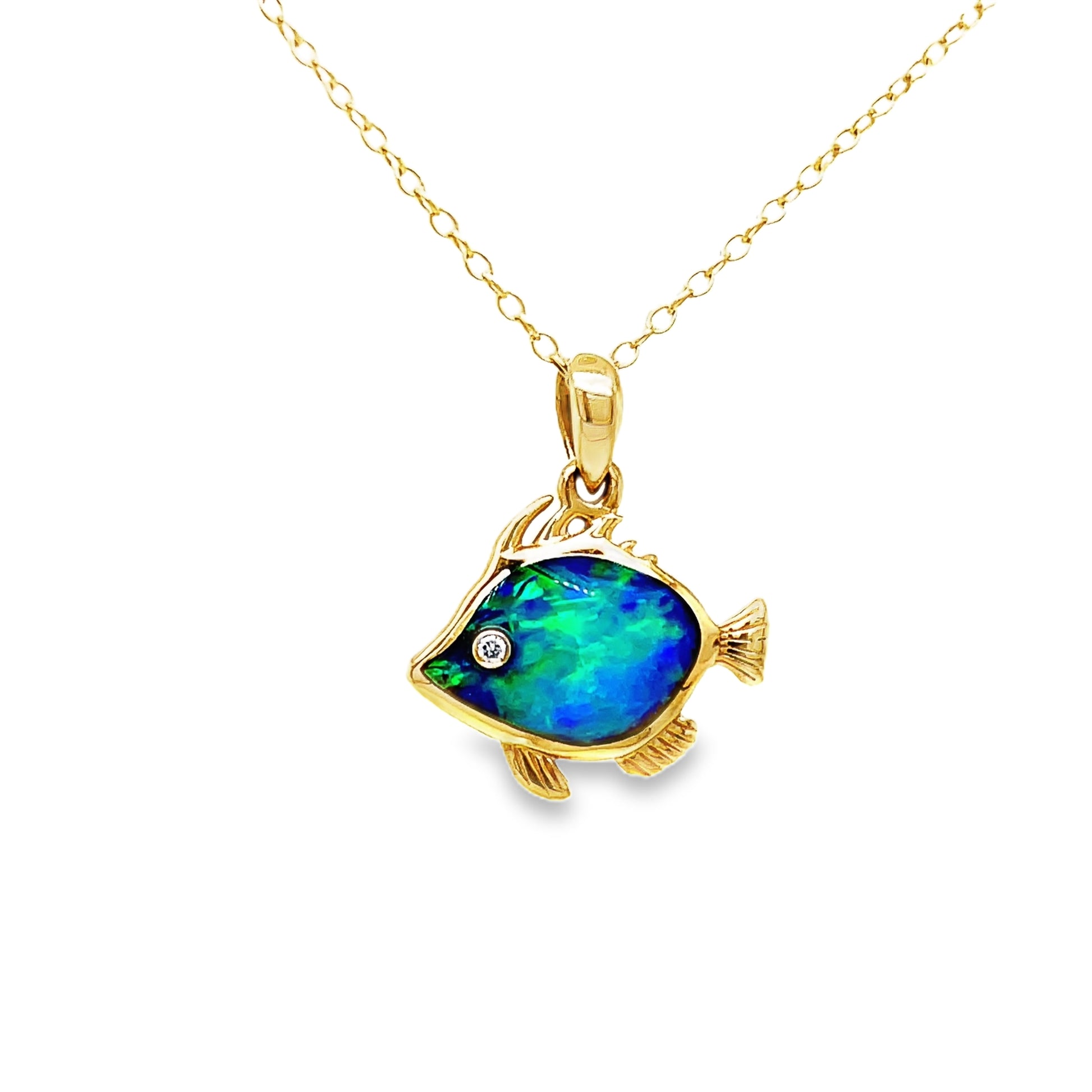 14k Diamond Opal Fish Pendant Necklace Front view