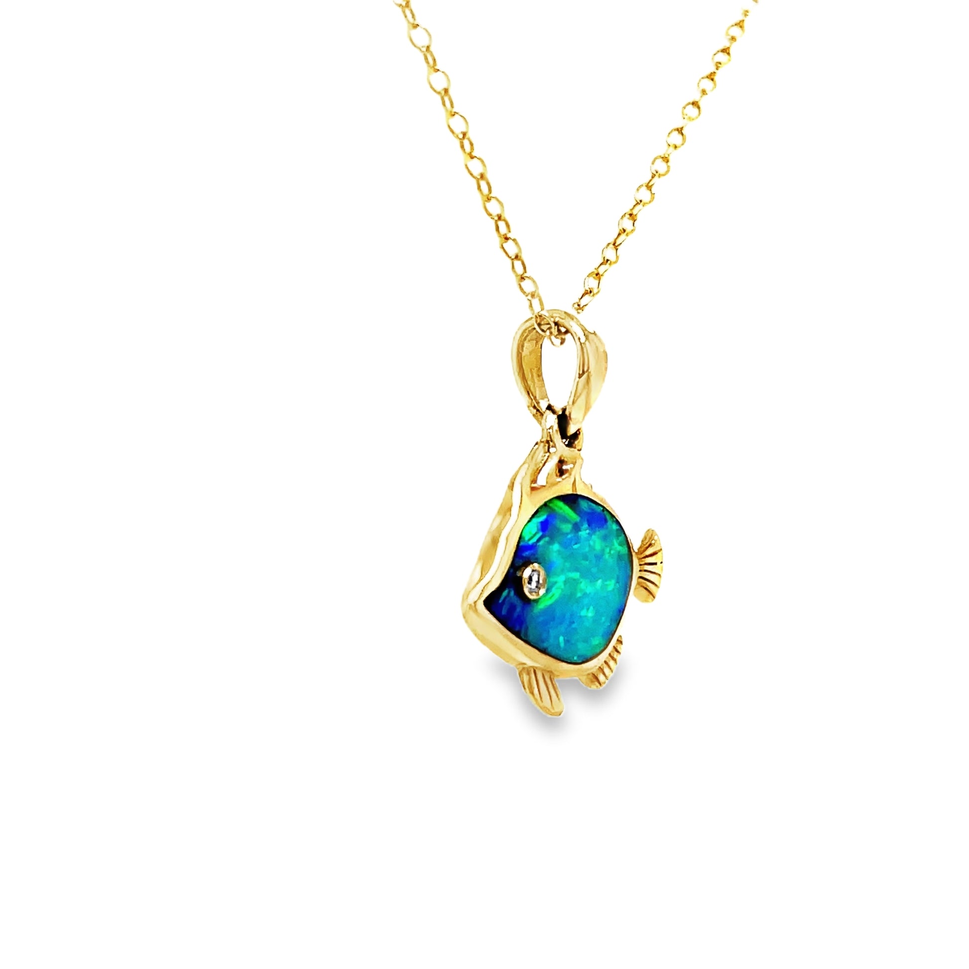 14k Diamond Opal Fish Pendant Necklace Profile View