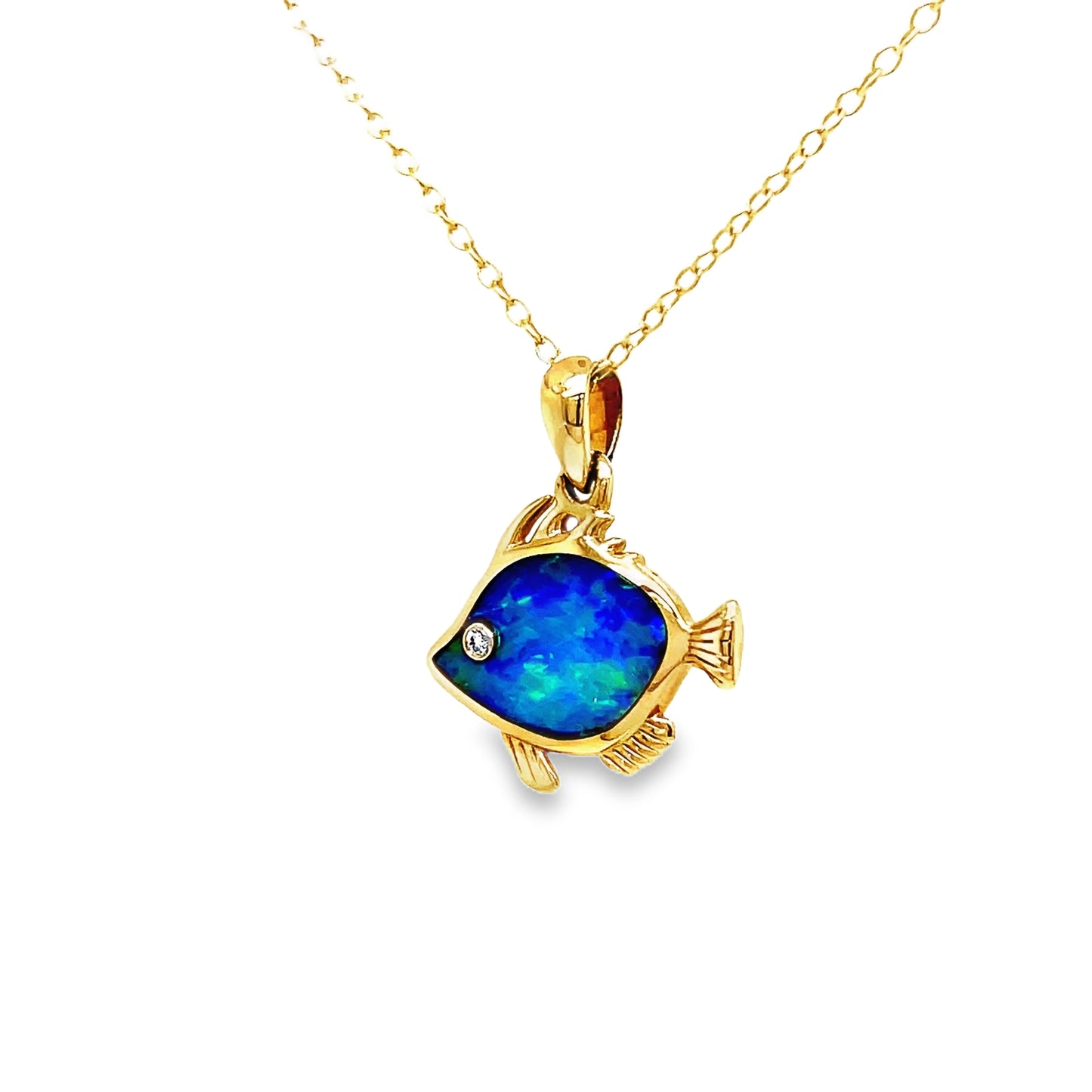 14k Diamond Opal Fish Pendant Necklace Side view 