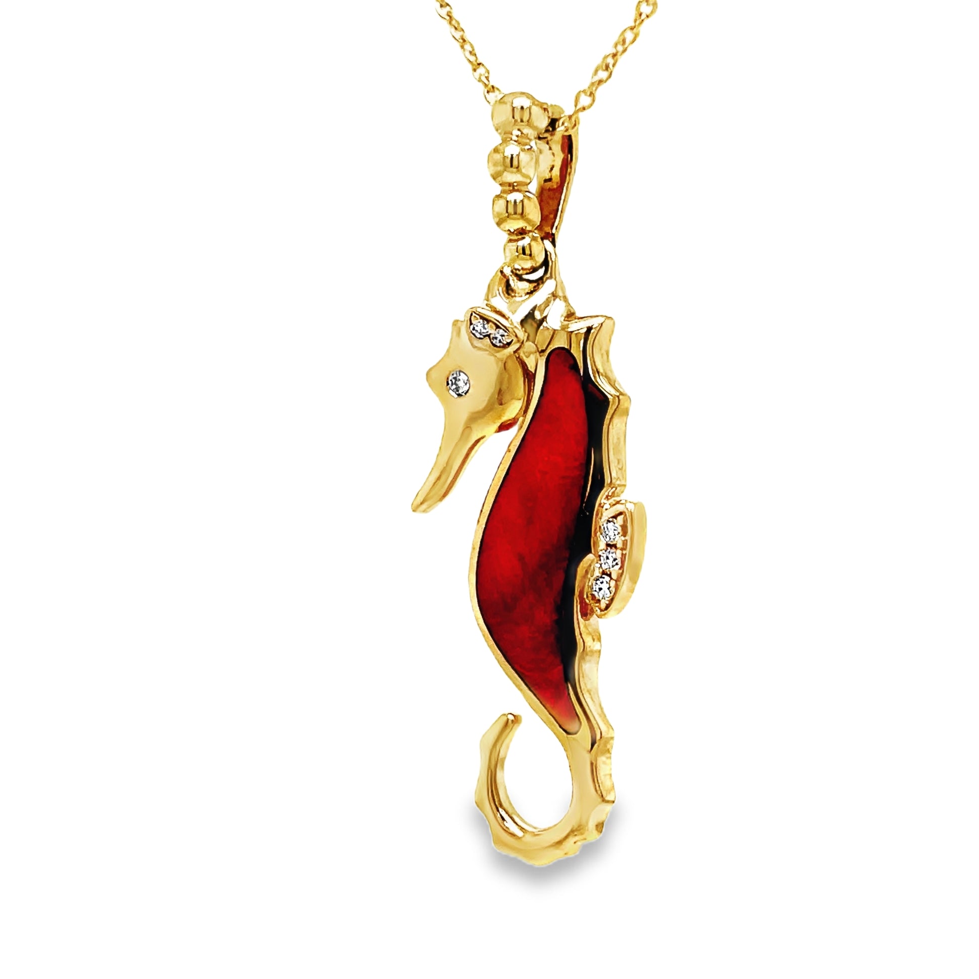 14k Diamond Red Spinel Seahorse Pendant Necklace Side view 