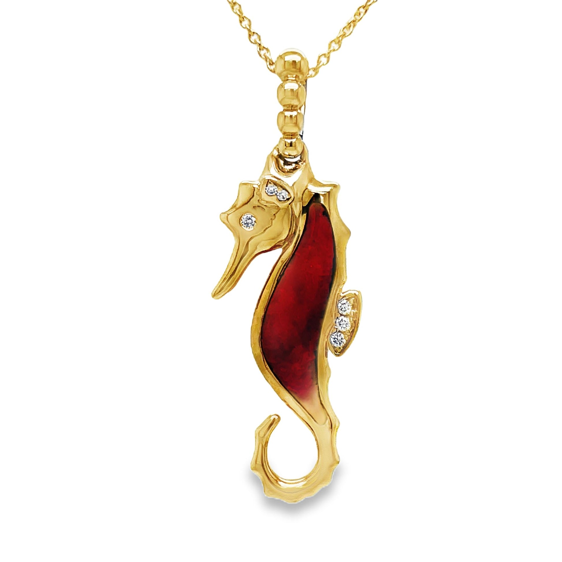 14k Diamond Red Spinel Seahorse Pendant Necklace Side view