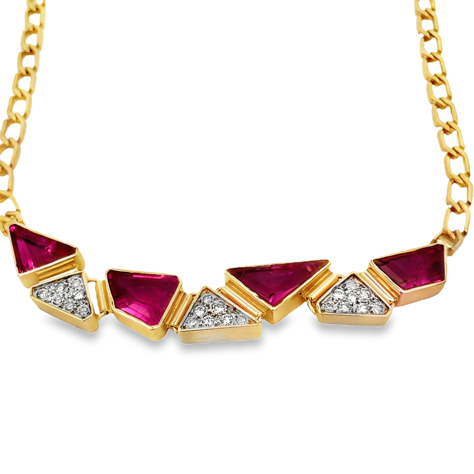 Top view of Estate 18k Yellow Gold Pink Tourmaline and Diamond Fancy Link Necklace 