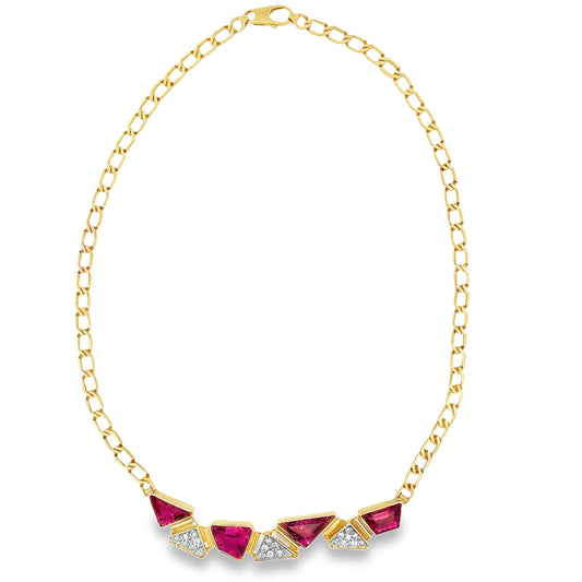 Top view of Estate 18k Yellow Gold Pink Tourmaline and Diamond Fancy Link Necklace 