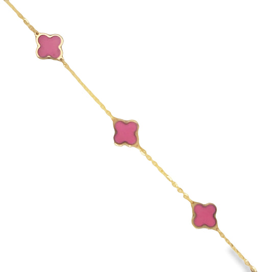 Top view of 14k Yellow Gold Small Hot Pink Clover Bracelet 7.0 mm