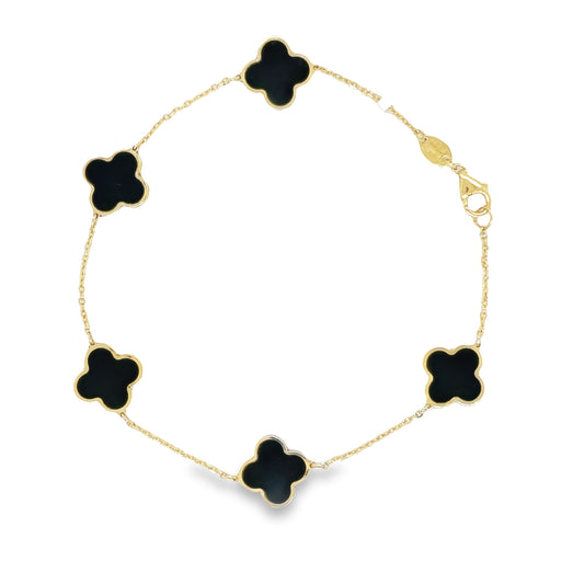 Top view of 14k Yellow Gold Onyx Clover Bracelet 7.00 mm