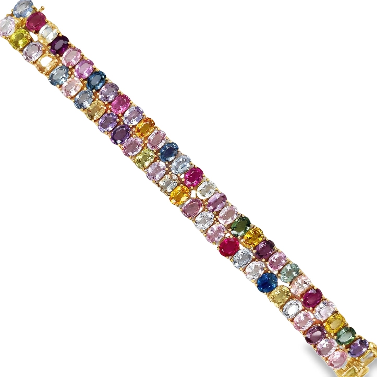 Top view of 18k Yellow Gold Double Row Multicolor Oval Shape Sapphire Bracelet