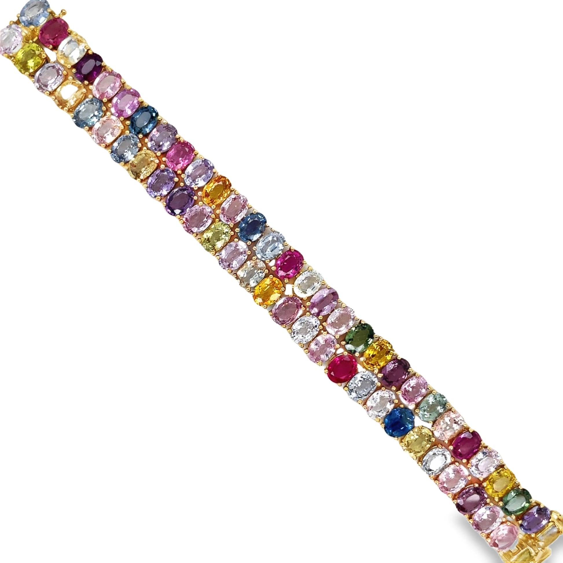 Top view of 18k Yellow Gold Double Row Multicolor Oval Shape Sapphire Bracelet