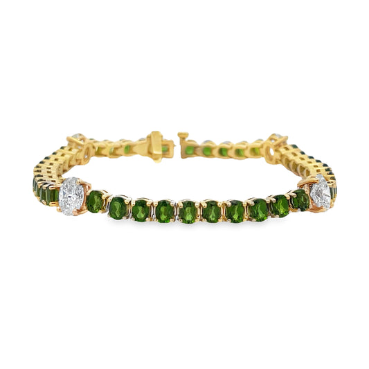 Front view of Tsavorite Garnets and Oval Cut Diamond Line Bracelet 