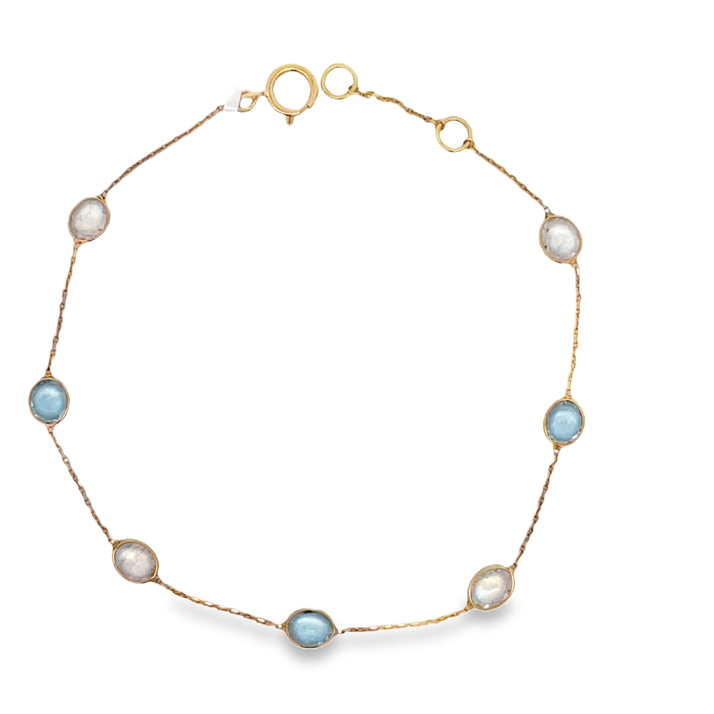 Top view of 18k Yellow Gold Cabochon Aquamarine & Moonstone Bracelet 