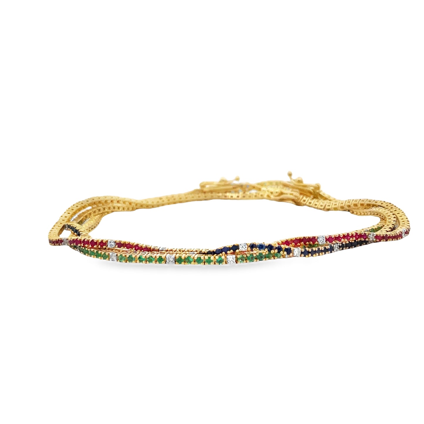 Front view of 14k Yellow Gold Emerald & Diamond Line Bracelet 