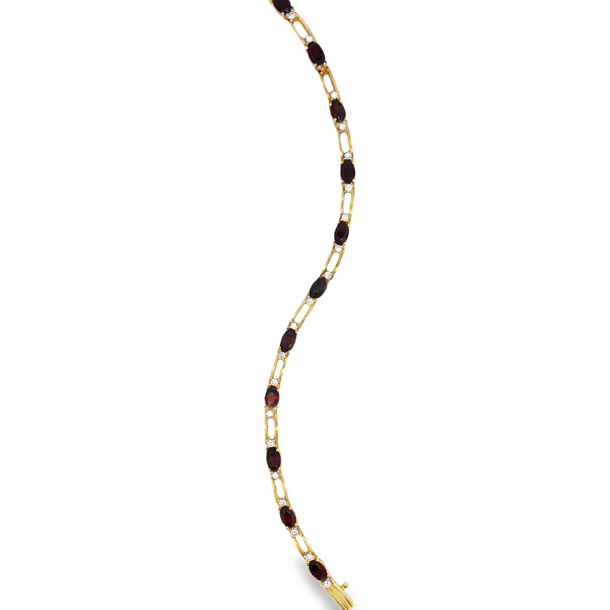 Top view of Estate 14k Yellow Gold Garnet and Diamond Line Bracelet 