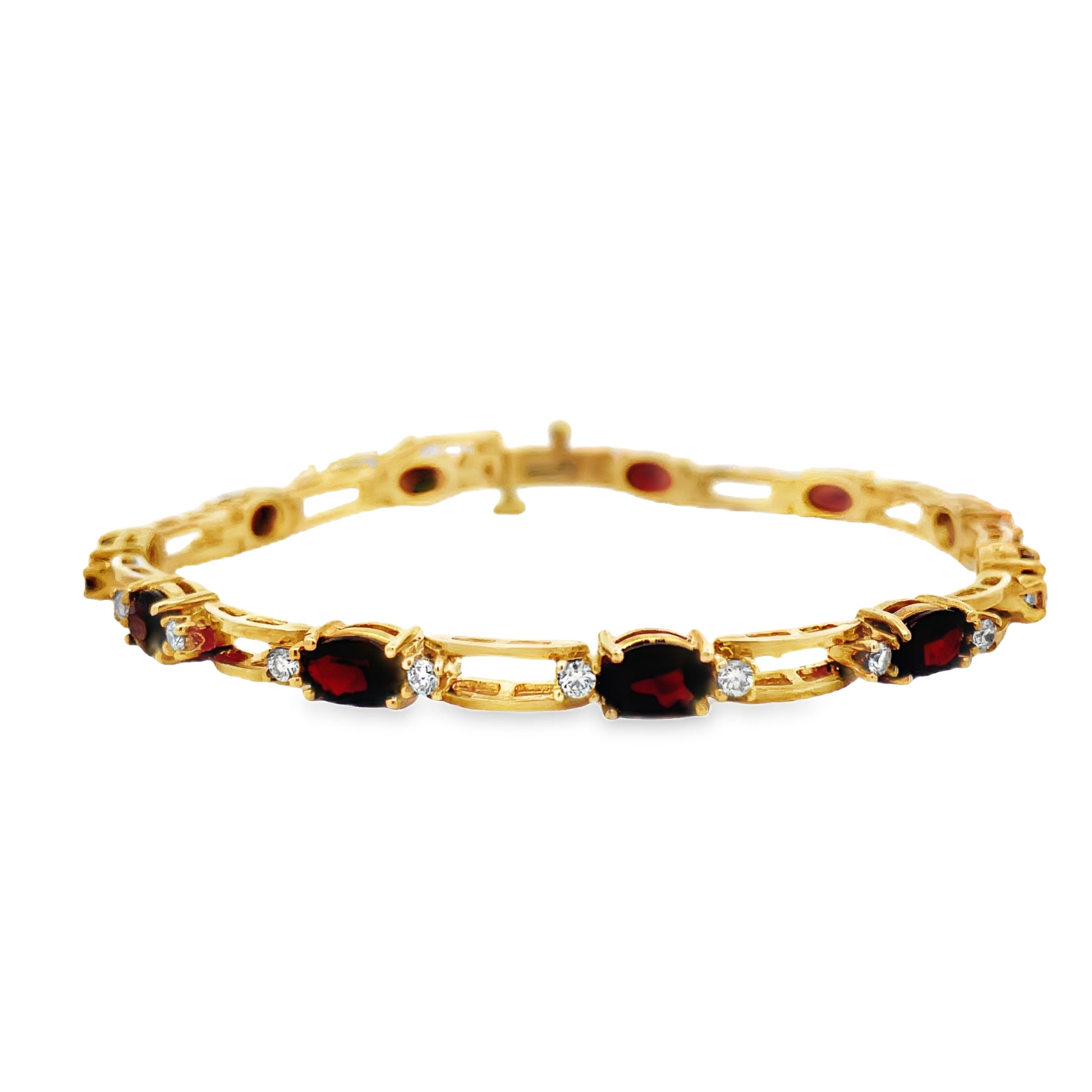 Top view of Estate 14k Yellow Gold Garnet and Diamond Line Bracelet 
