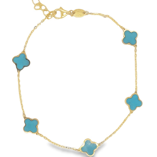 Top view of 14k Yellow Gold Small Turquoise Clover Bracelet 7.0 mm