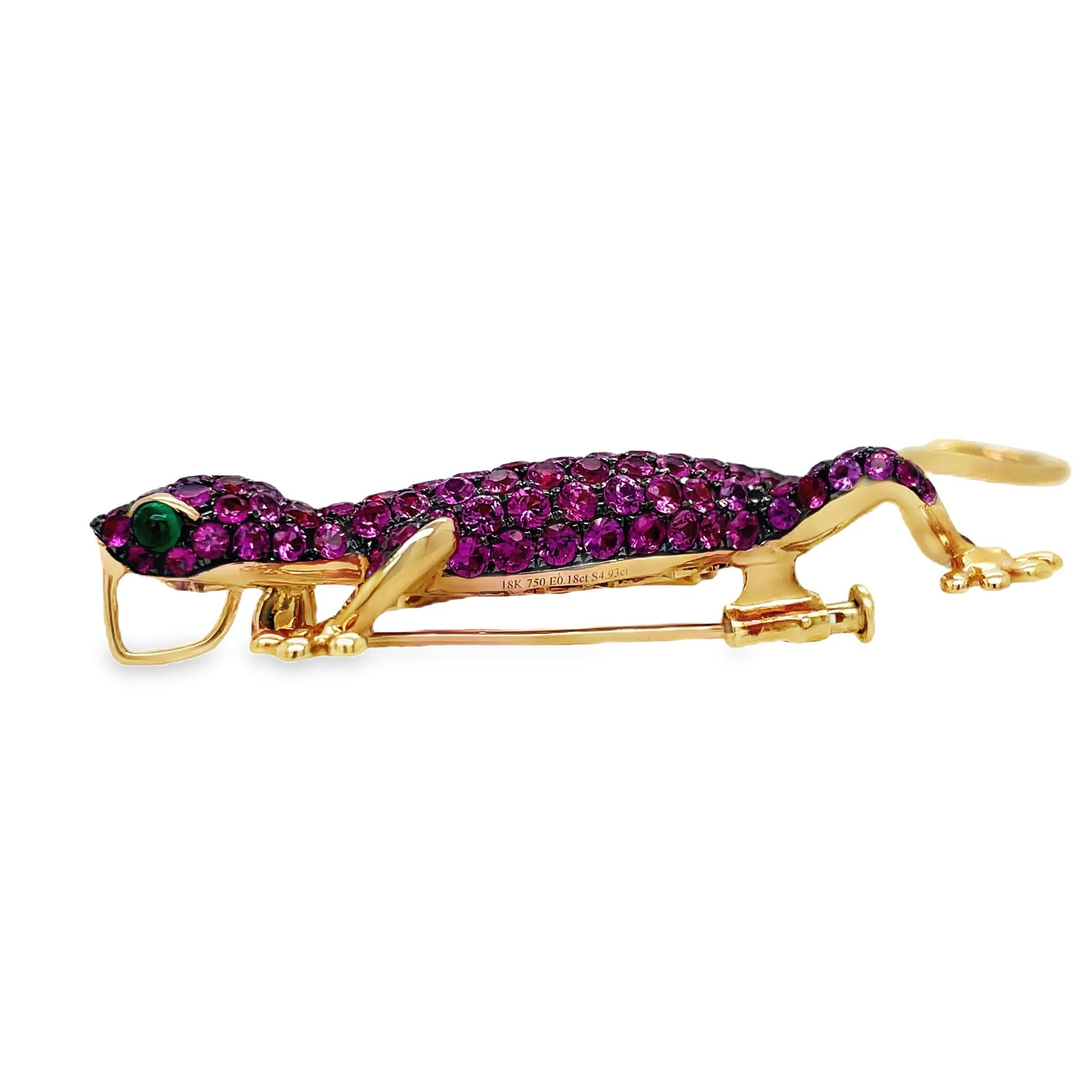 Pink Sapphire and Emerald Lizard Brooch Profile View