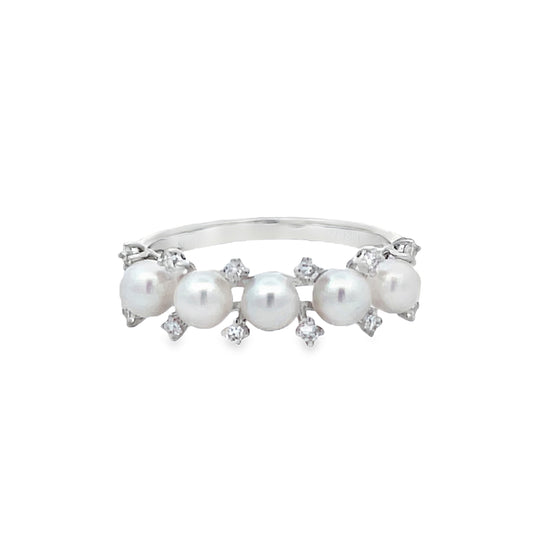 Front view of 14k White Gold Cultured Pearl and Diamond Ring 4.00 mm 