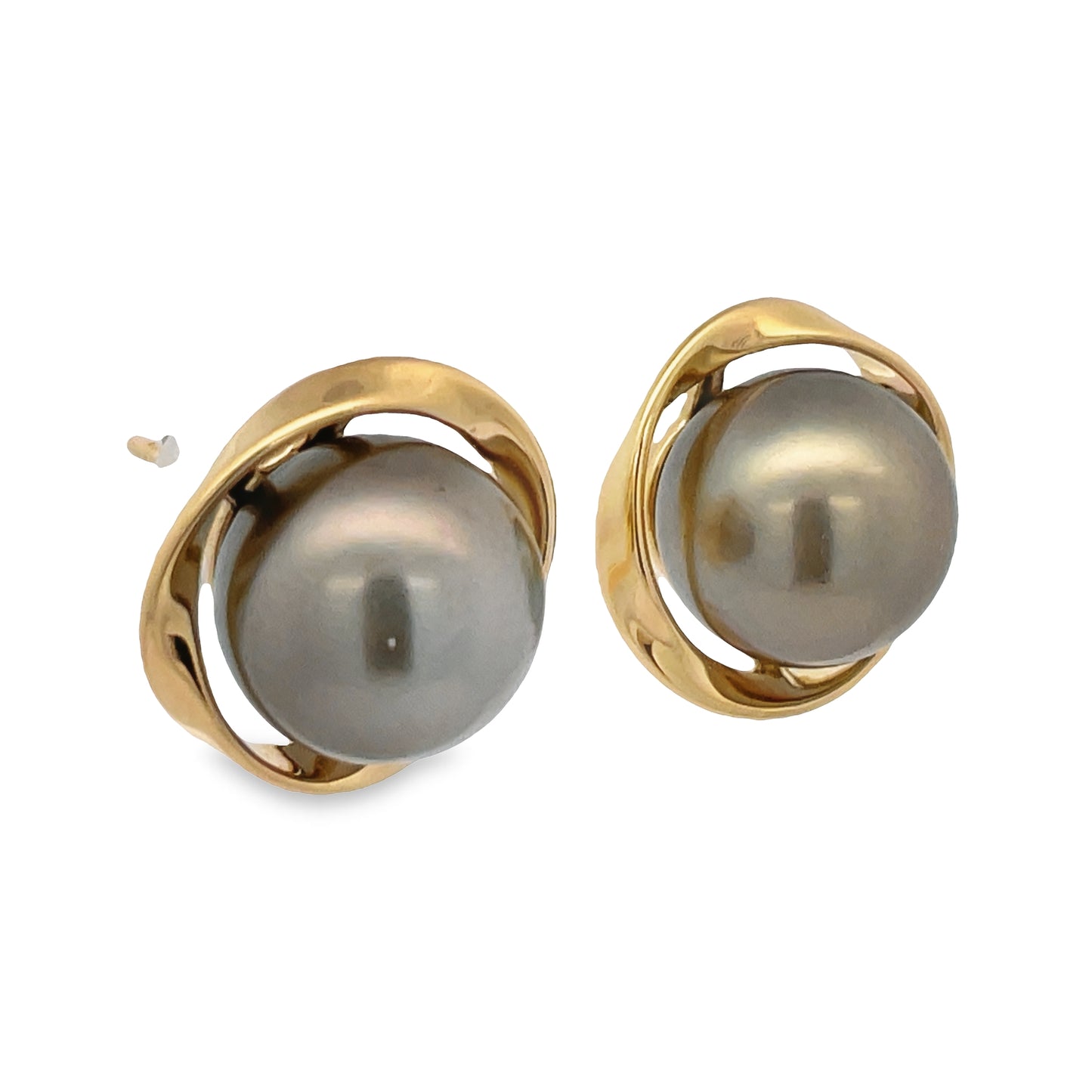 Tahitian Pearls Yellow Gold Trim Stud Earrings Side view 