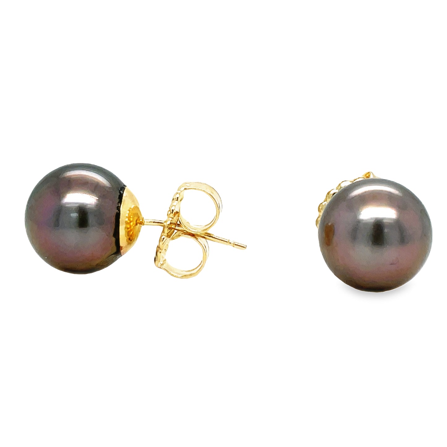 Tahitian Pearls Stud Earrings 10.00 mm Front and Side View