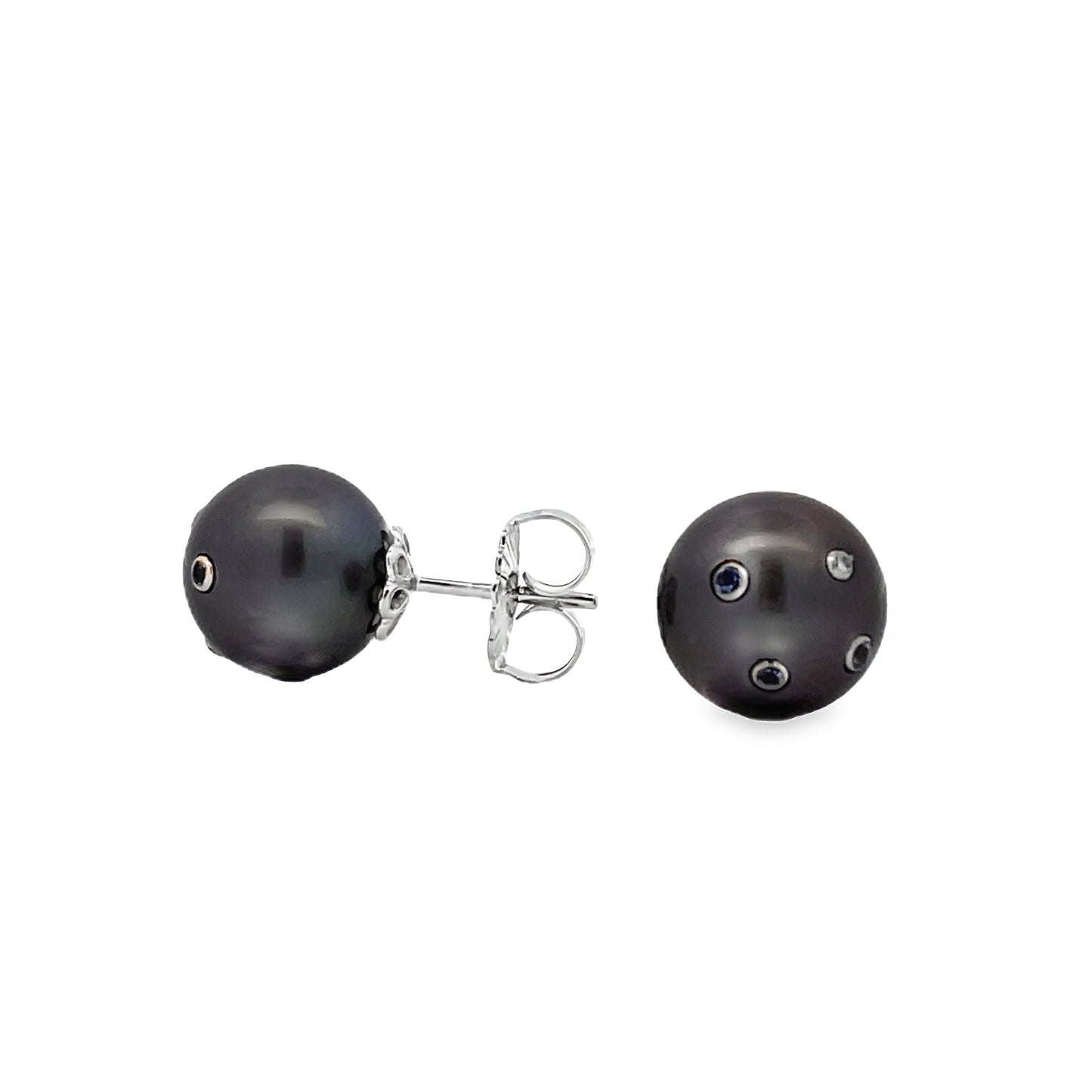 Front and side view of Tahitian Embedded Diamond & Tanzanite Stud Earrings 12.00 mm 