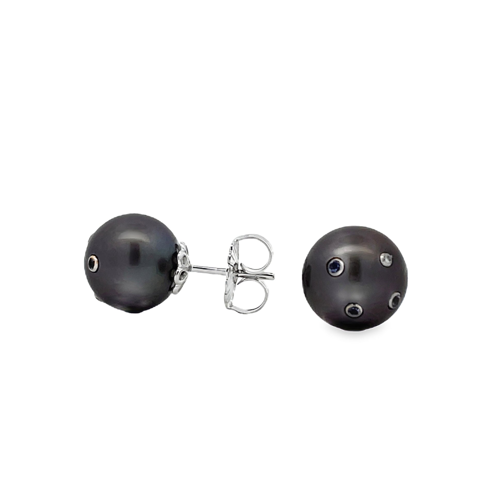 Front and side view of Tahitian Embedded Diamond & Tanzanite Stud Earrings 12.00 mm 