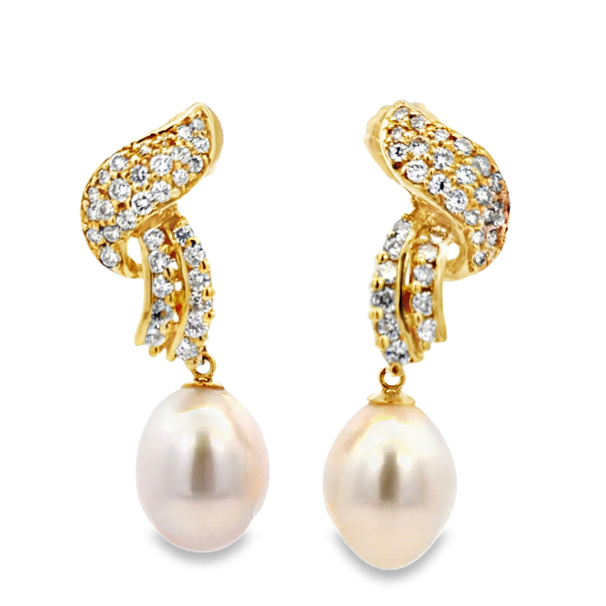 Front view 14k Yellow Gold diamond Pave Ribbon and Fresh Water Pearl Drop Earrings
