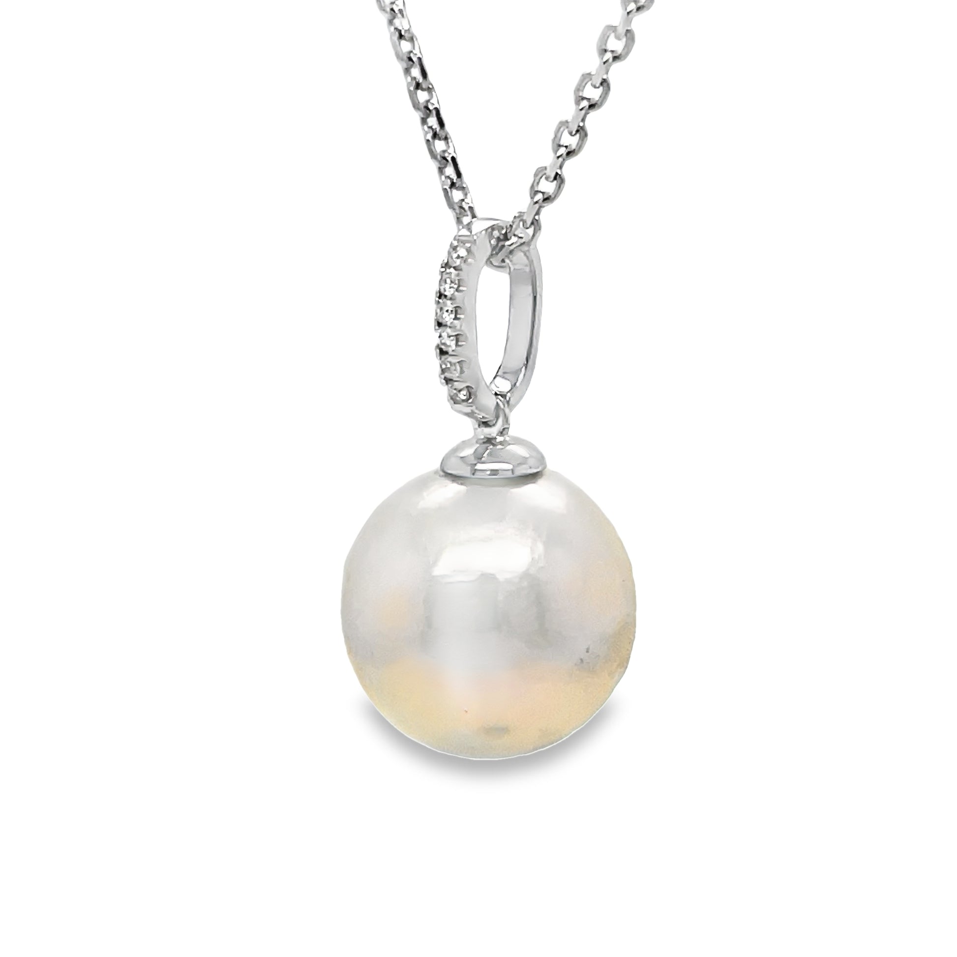 Side view of 14k White Gold South Sea Single Pearl Diamond Pendant Necklace 12.00 mm
