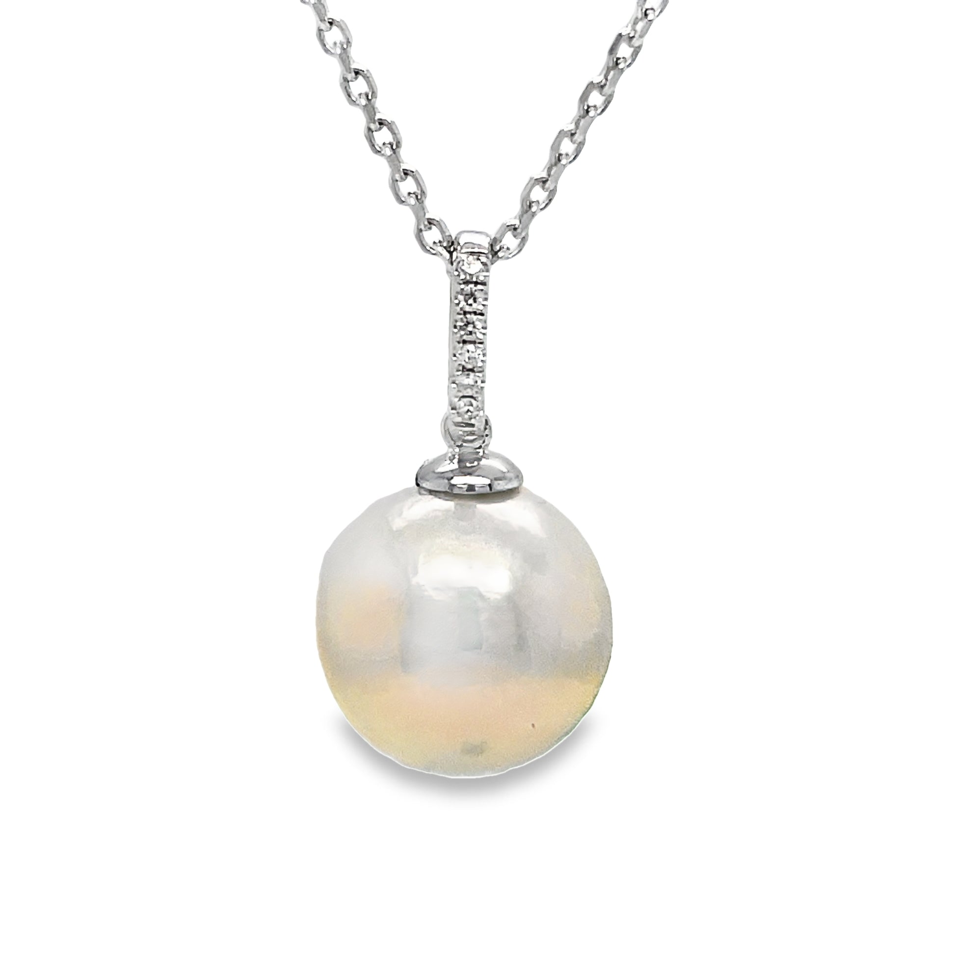 Front view of 14k White Gold South Sea Single Pearl Diamond Pendant Necklace 12.00 mm
