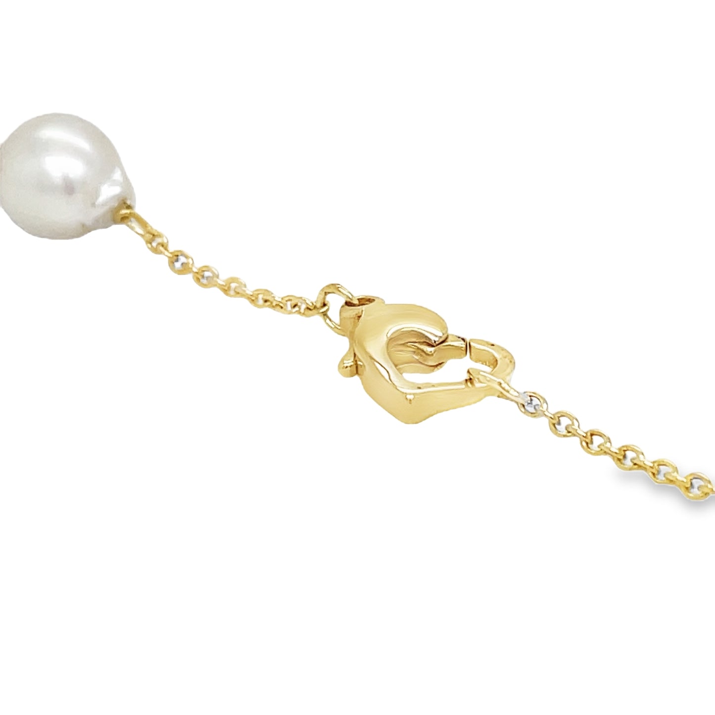 14k Yellow Gold Station Pearl Necklace 14 Cultured Pearls Top View Clasp Fastened  Close Up