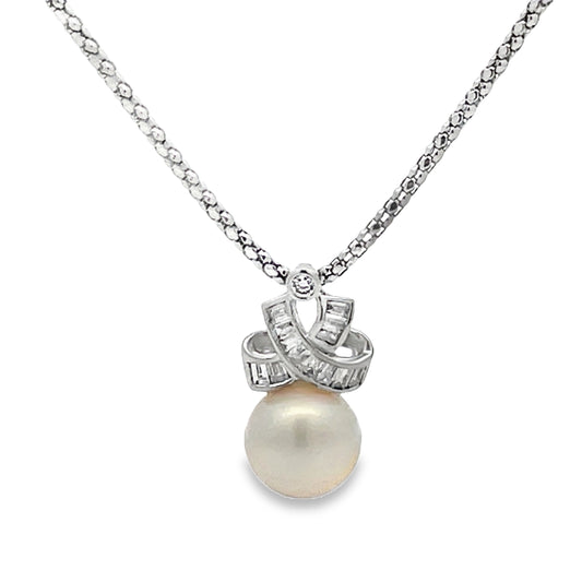 Front view of 14k White Gold South Sea Single Pearl Diamond Pendant Necklace 11.00 mm