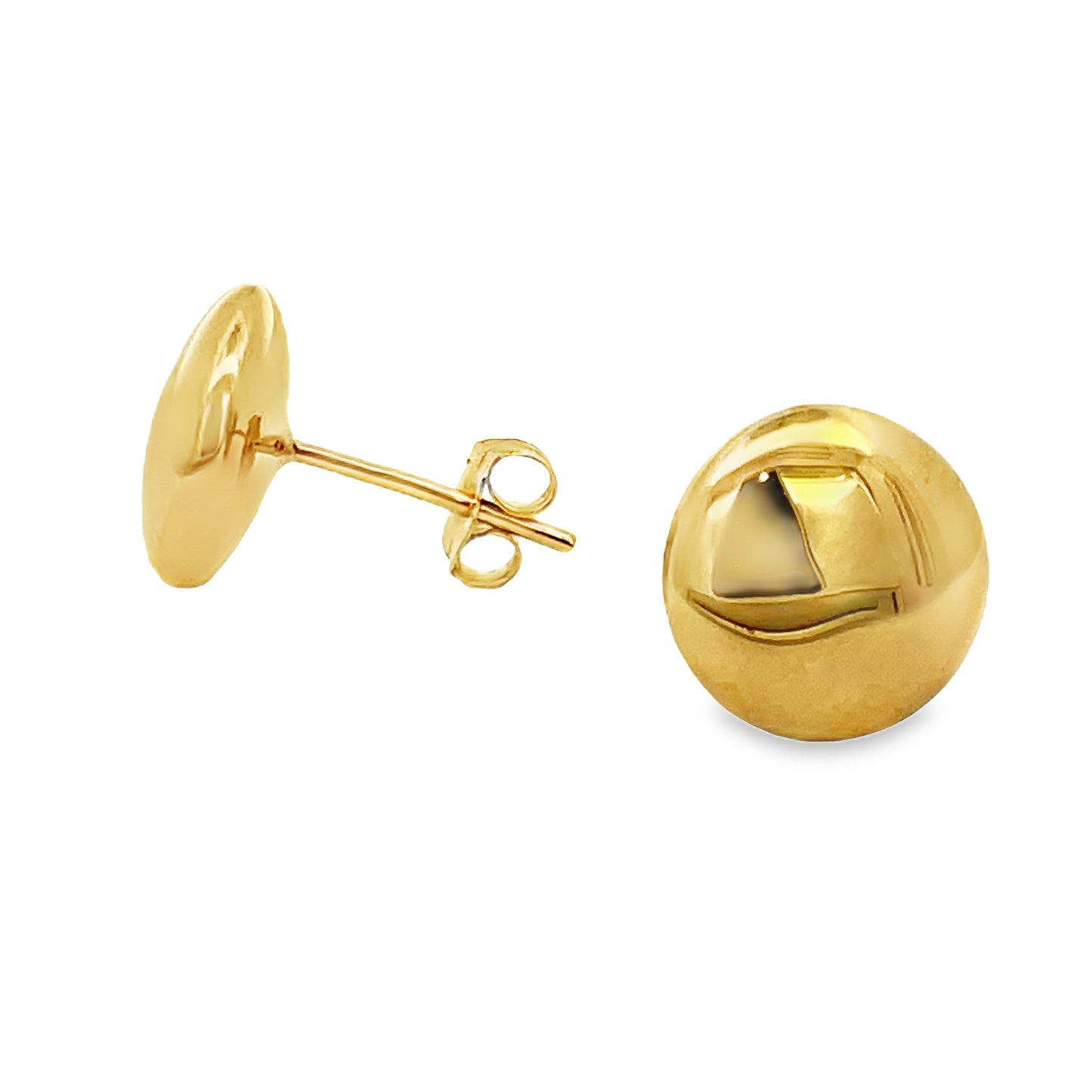 Front and side view of 14k Yellow Gold Flat Stud Earrings 11.00 mm size 