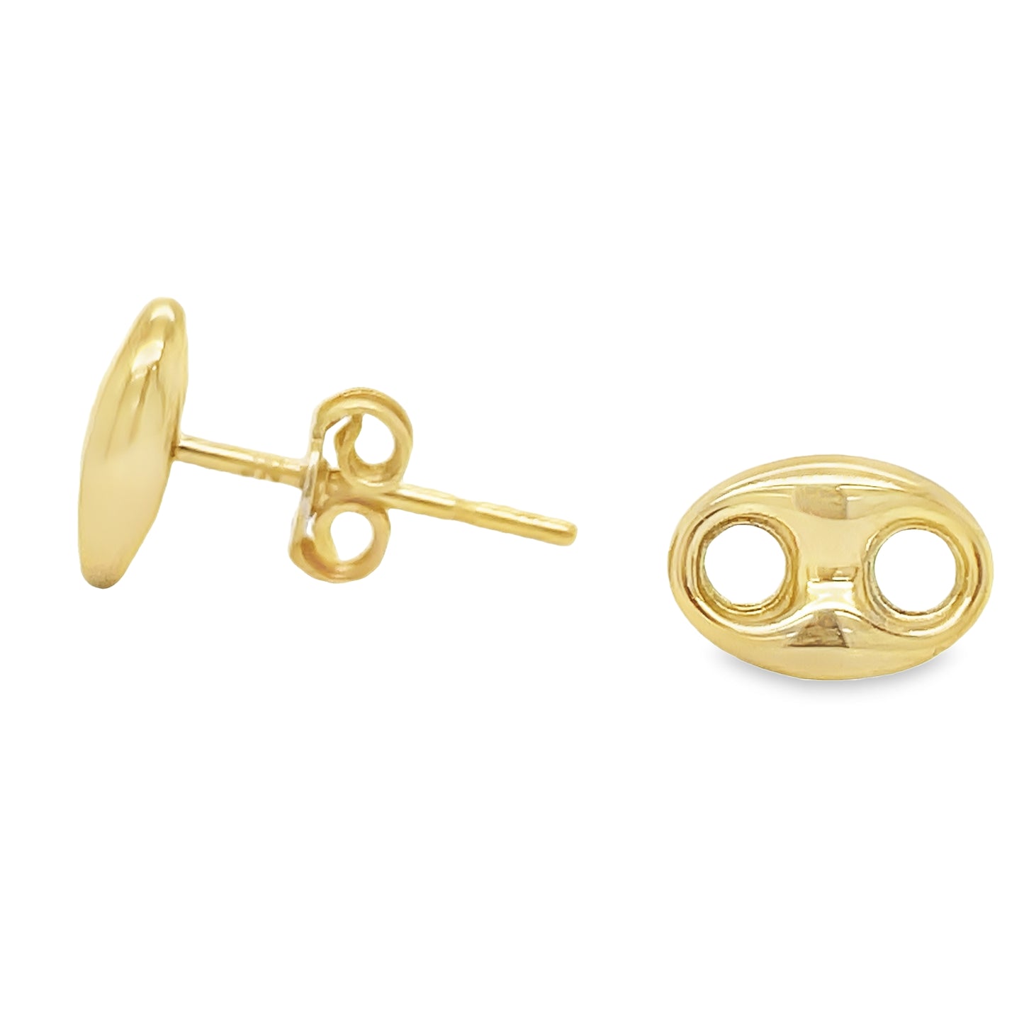 Tiny 14k Yellow Gold Puffed Mariner Link Earrings Front and Side View
