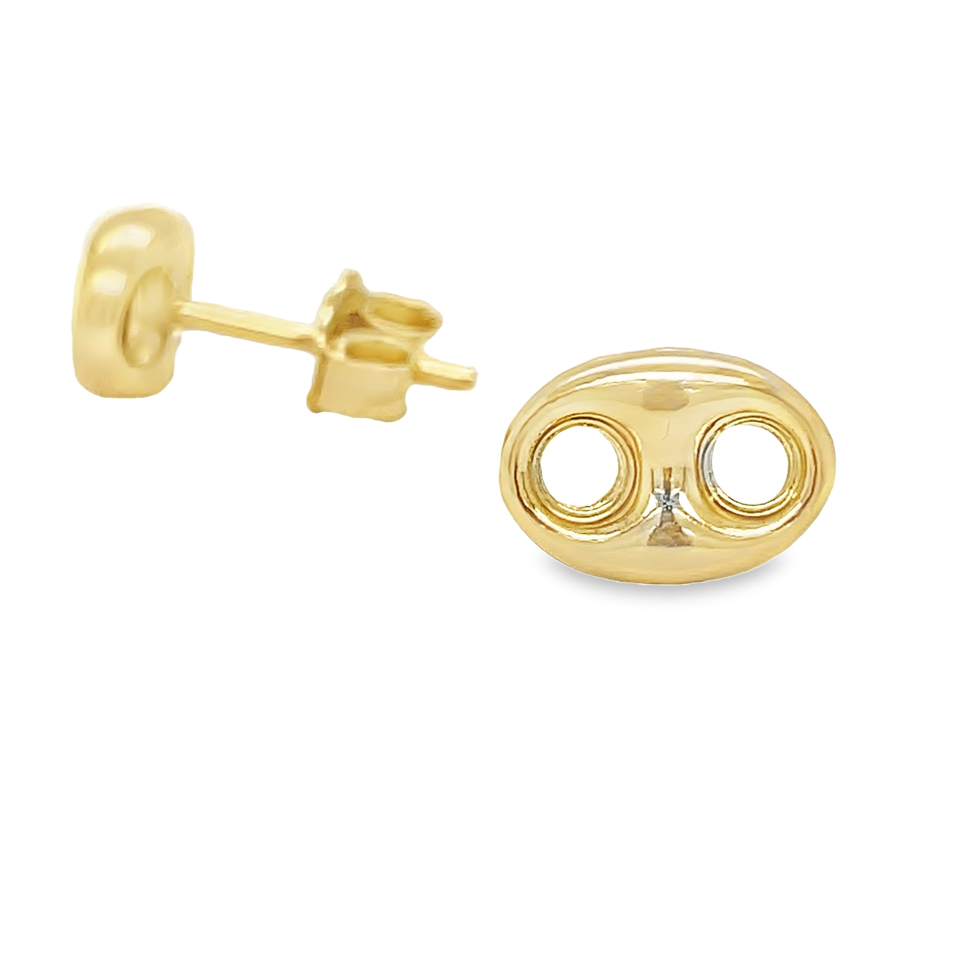 Small 14k Yellow Gold Puffed Mariner Link Earrings Front and Side View