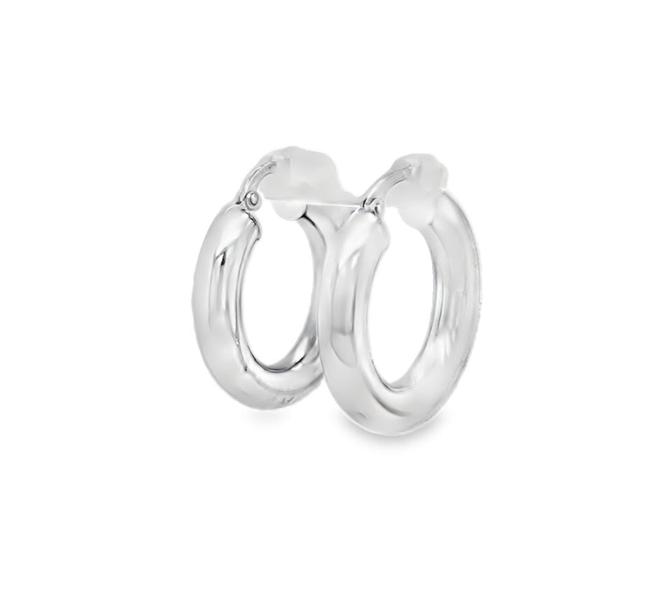 Add a touch of elegance to any outfit with these 14k Italian white gold hoop earrings. Crafted from 5.00 mm gold, lightweight yet durable, these classic earrings are a perfect staple piece for any jewelry collection. Add a bit of sophistication with 3/4" size earrings that are sure to turn heads!