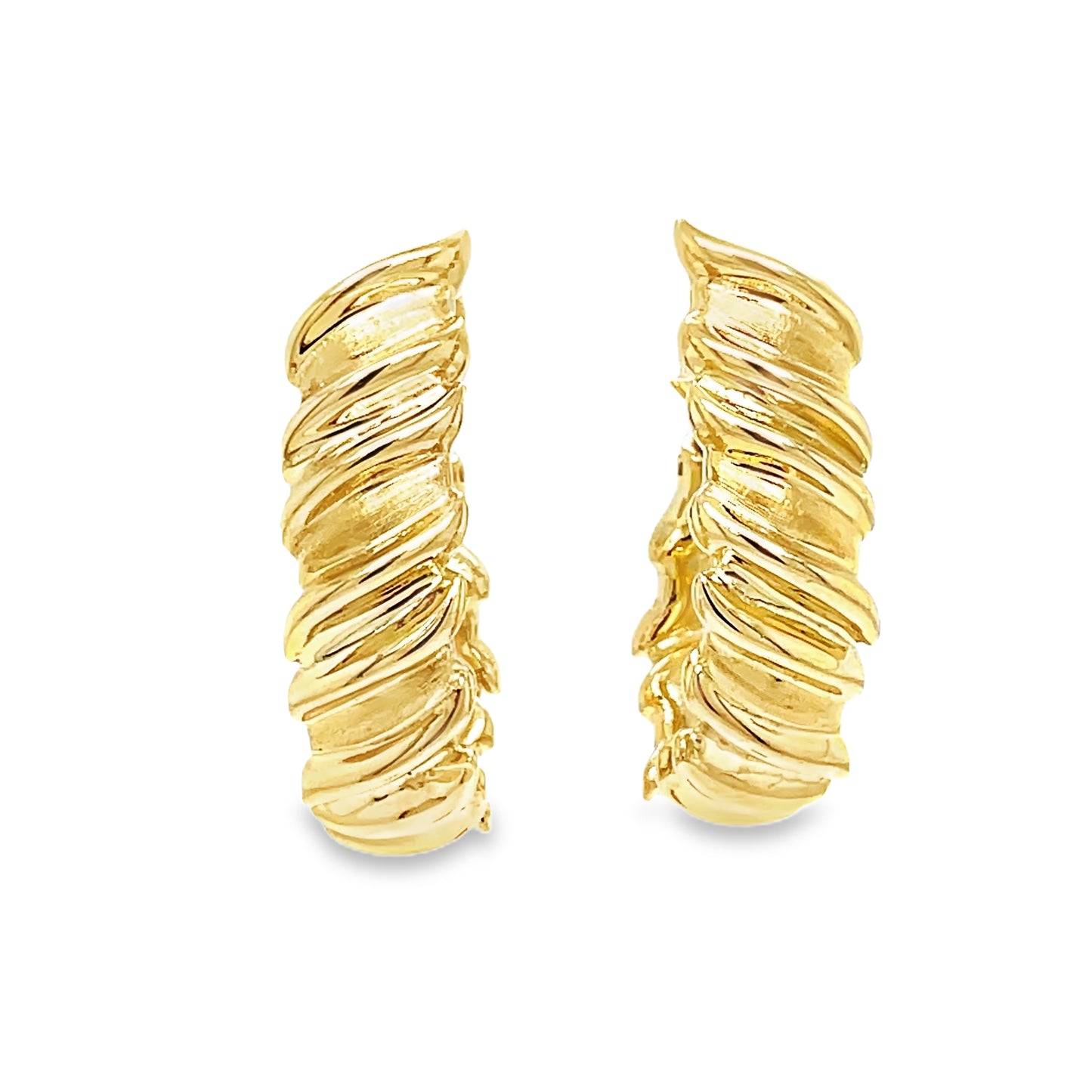 Italian Made Large Yellow Gold Fancy Hoop Front view
