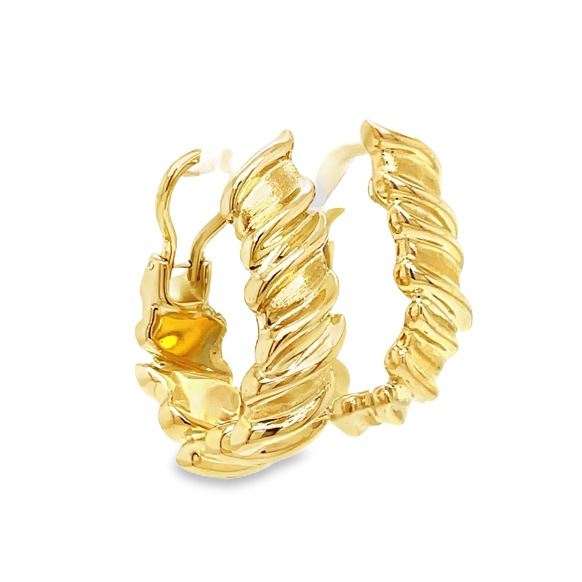 Italian Made Large Yellow Gold Fancy Hoop Side view