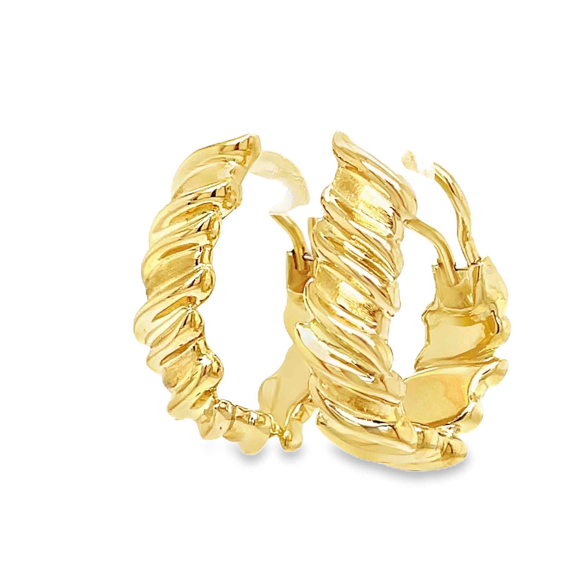 Italian Made Large Yellow Gold Fancy Hoop Side view