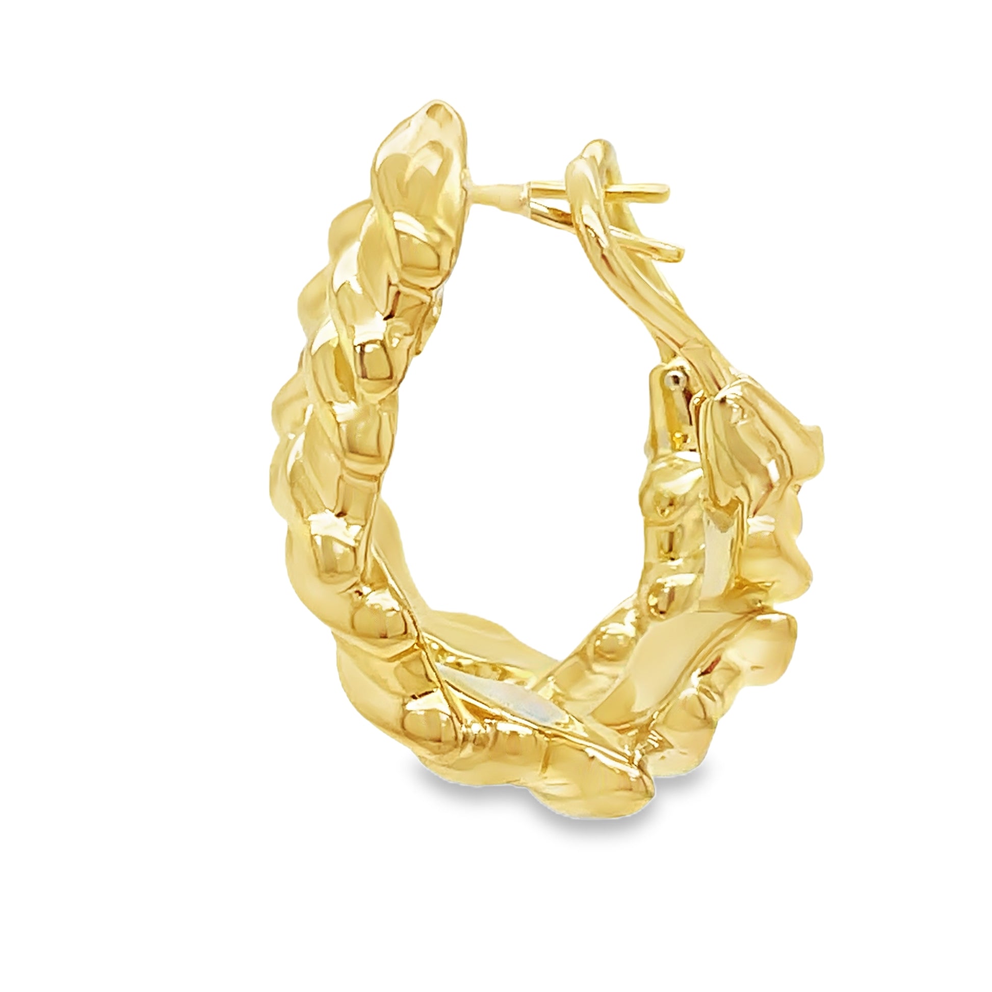 Italian Made Large Yellow Gold Fancy Hoop Profile View