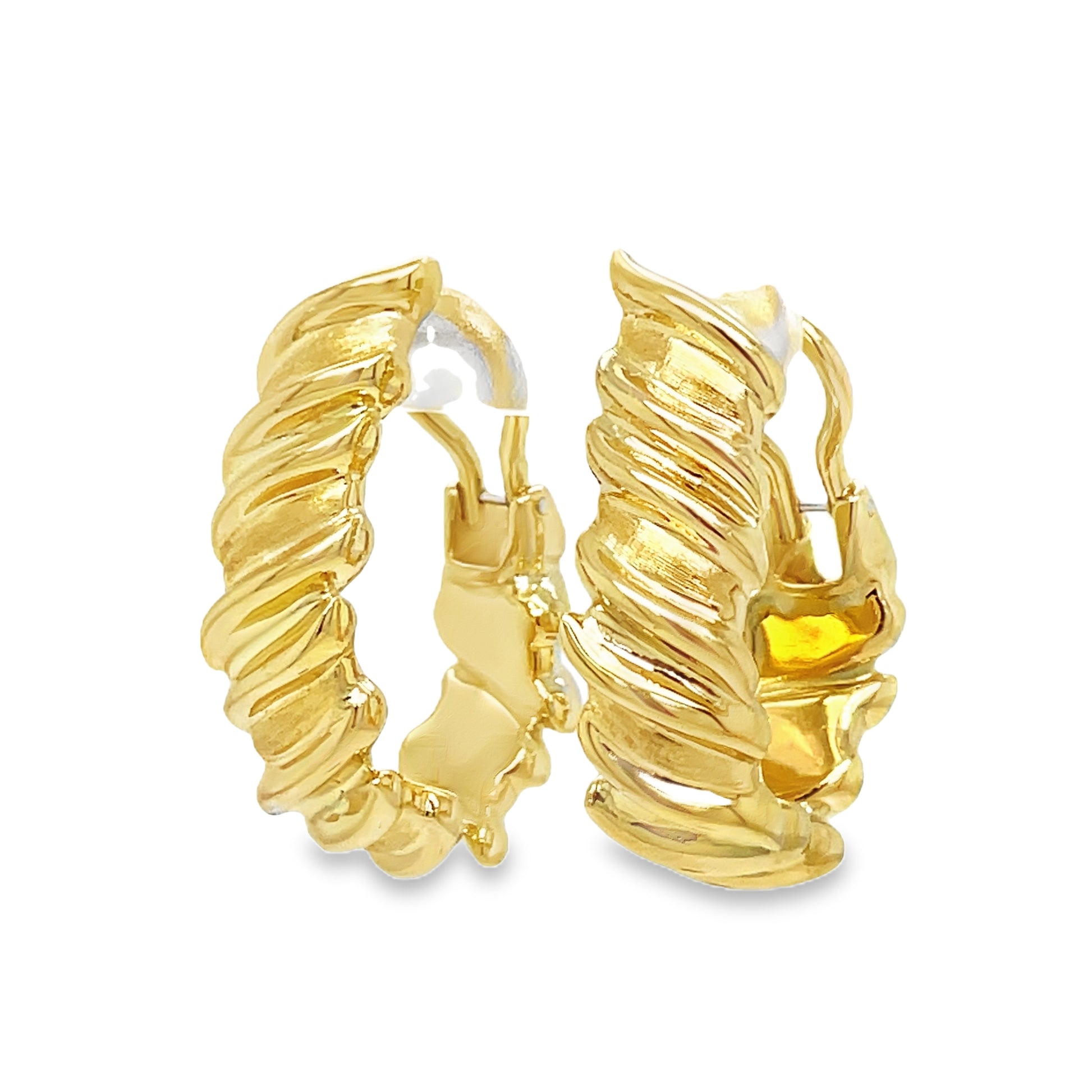 Italian Made Large Yellow Gold Fancy Hoop Side view