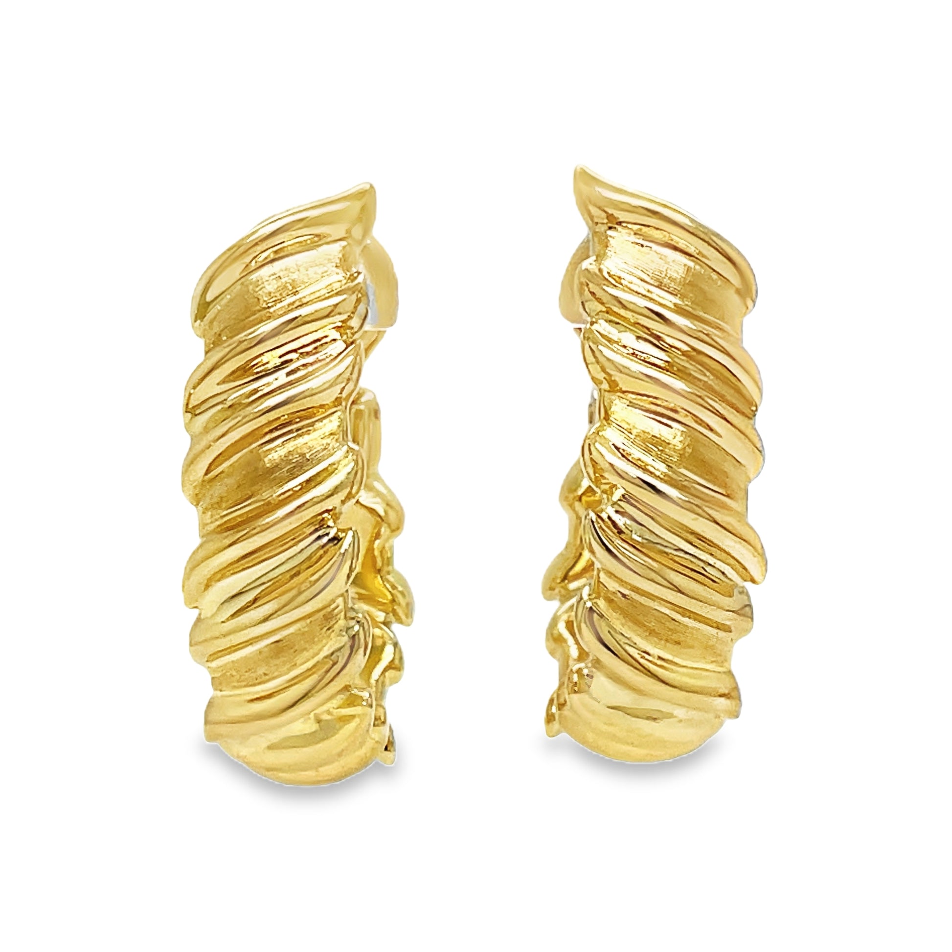 Italian Made Large Yellow Gold Fancy Hoop Front view