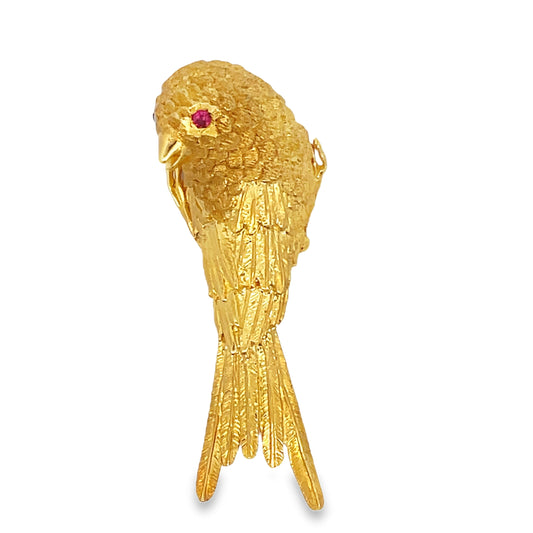 Front view of Estate 18k Yellow Solid Gold Ruby Small Bird Brooche 