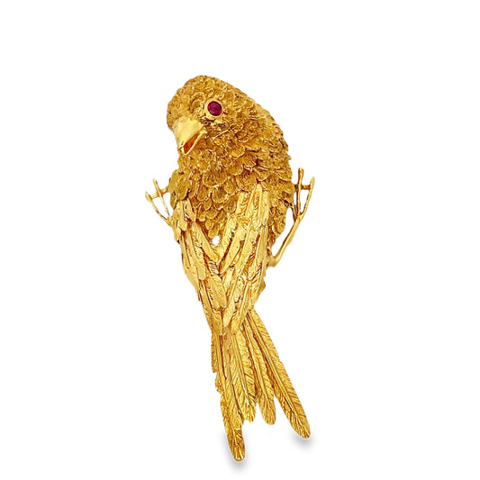 Top view of Estate 18k Yellow Solid Gold Ruby Large Bird Brooche