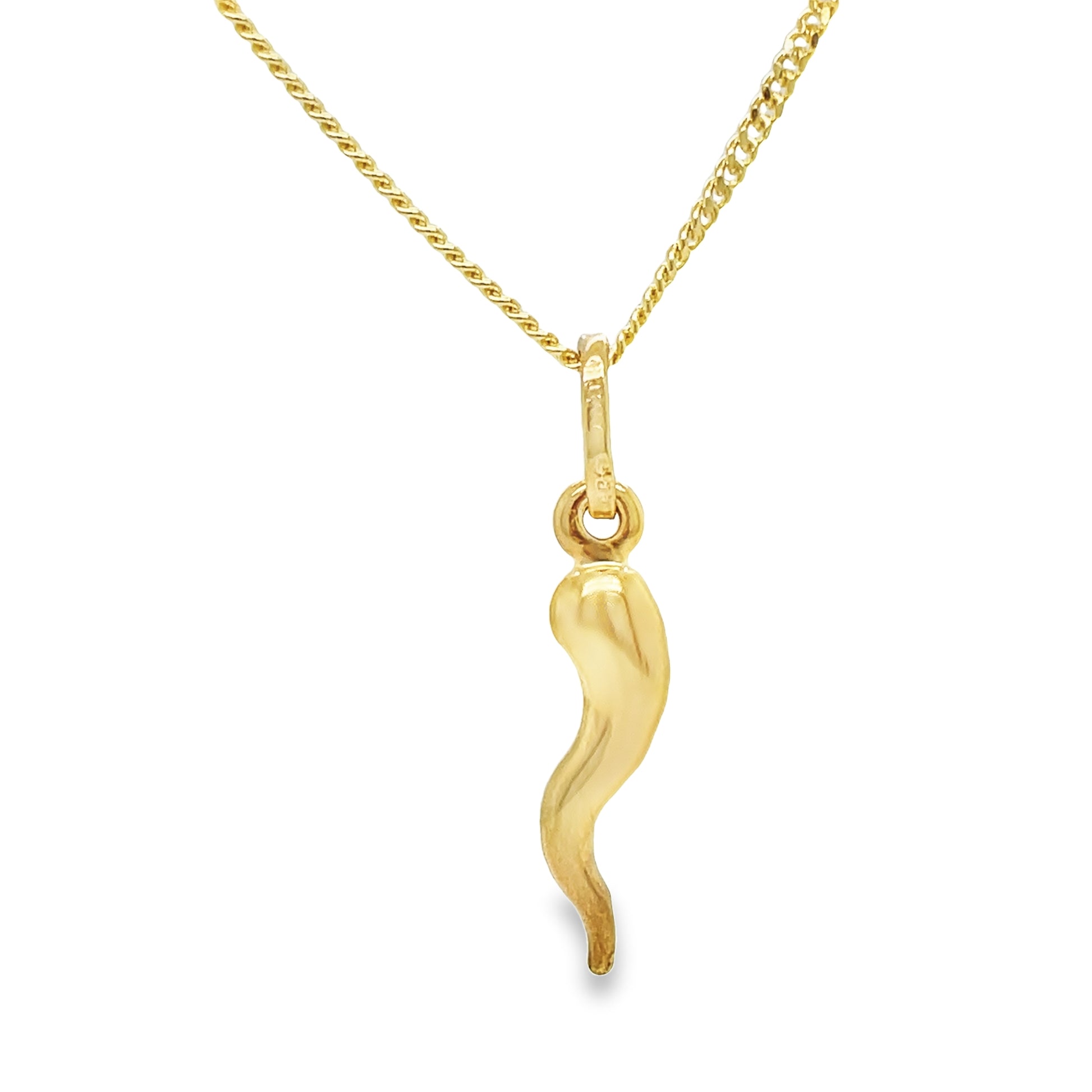 Front view of 14k Italian Gold Cornicello Horn Pendant Necklace Large Size