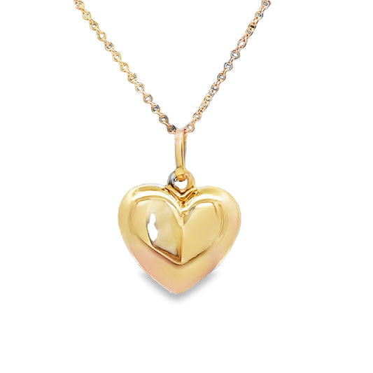 Front view of Italian Made Large Yellow Gold Heart Puffy Pendant