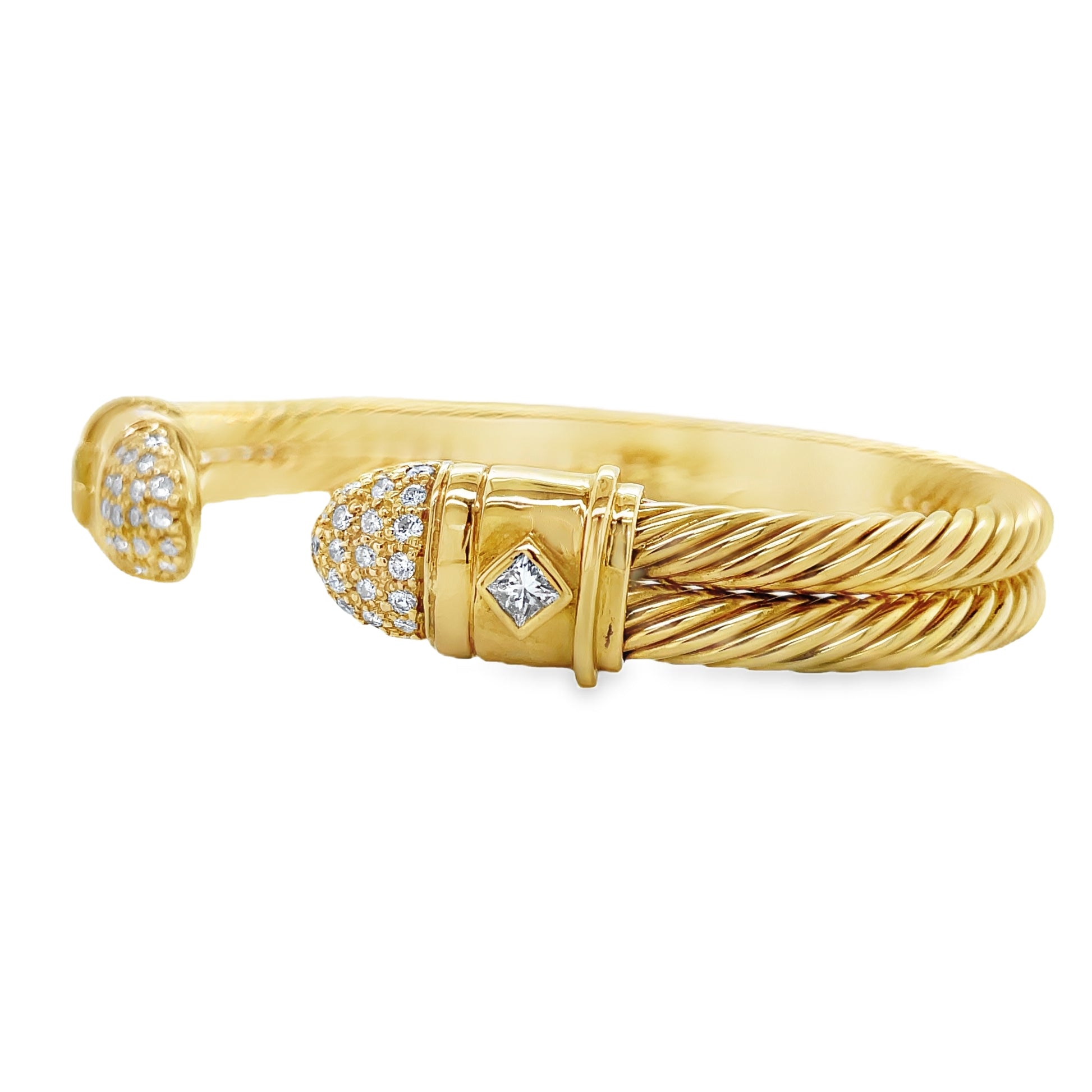 Side View of 18k Yellow Gold Diamond Cable Cuff Bracelet