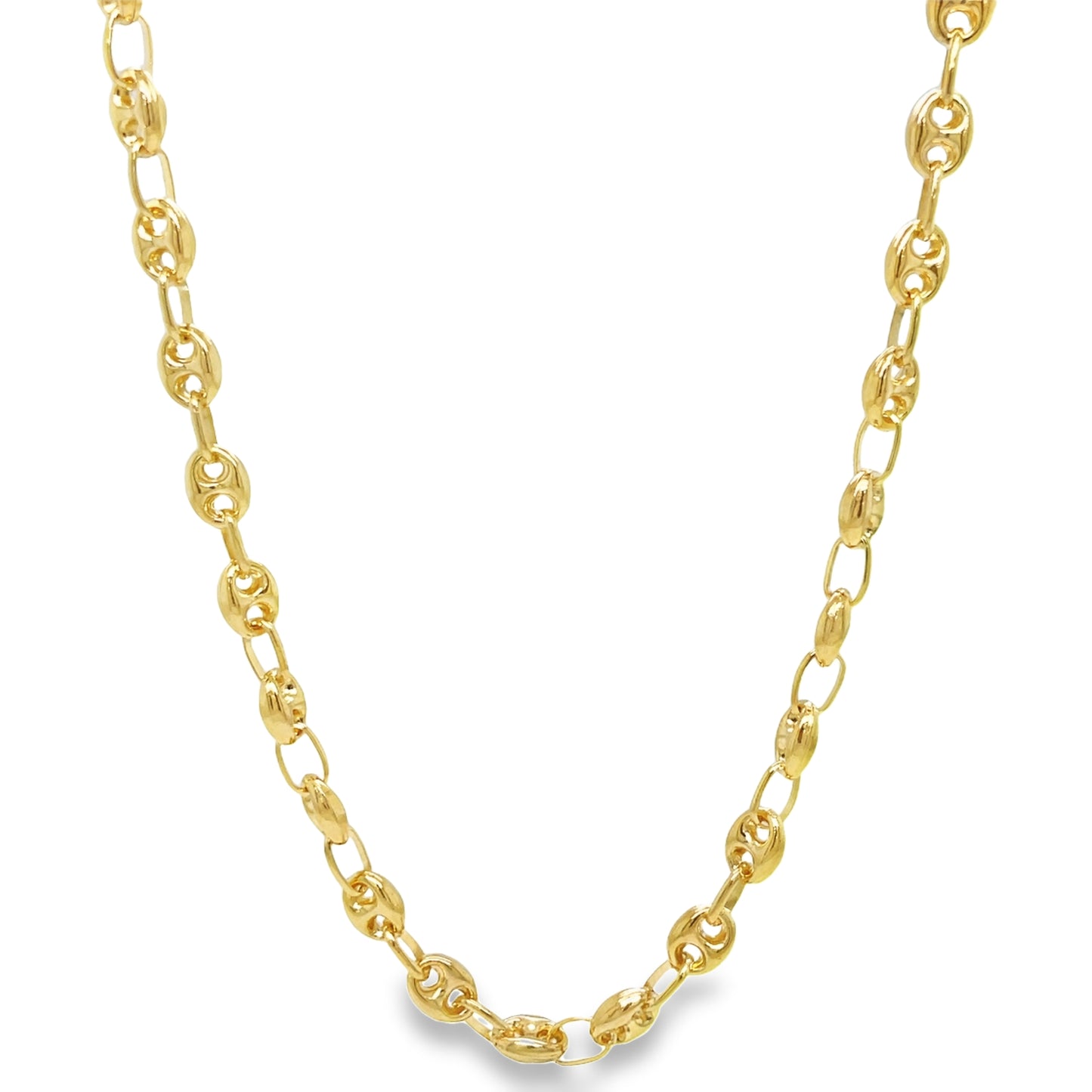 Small 14K Gold Puffed Mariner Chain Link Necklace 20" Front view 
