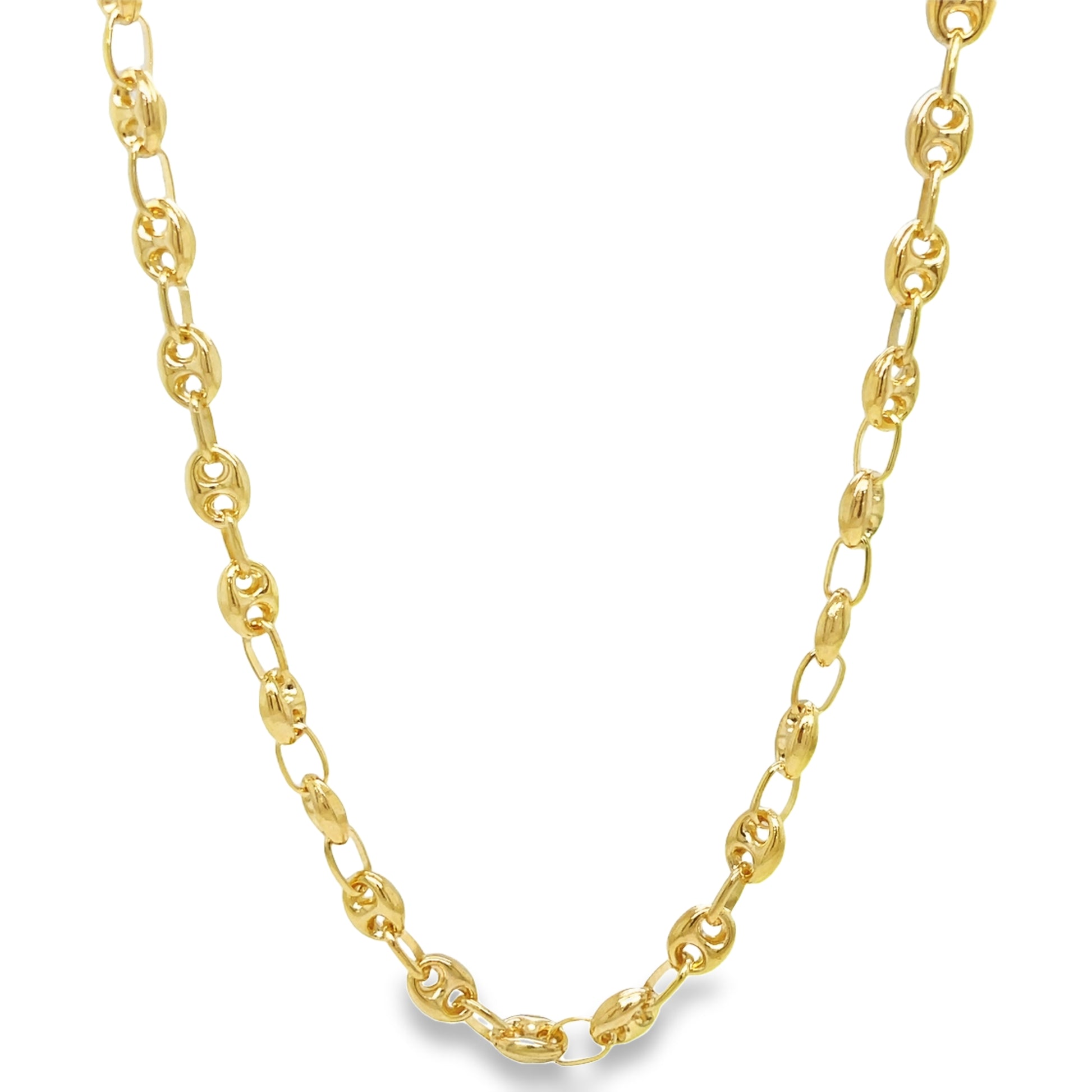 Small 14K Gold Puffed Mariner Chain Link Necklace 20" Front view 