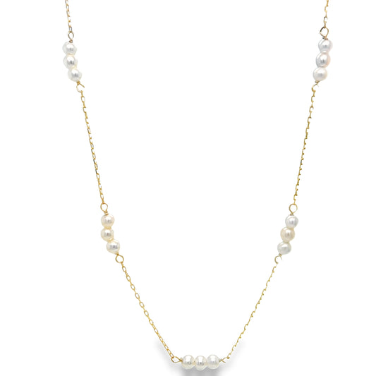 front view of 14k Yellow Gold Five Station Pearl Necklace 4.50 mm