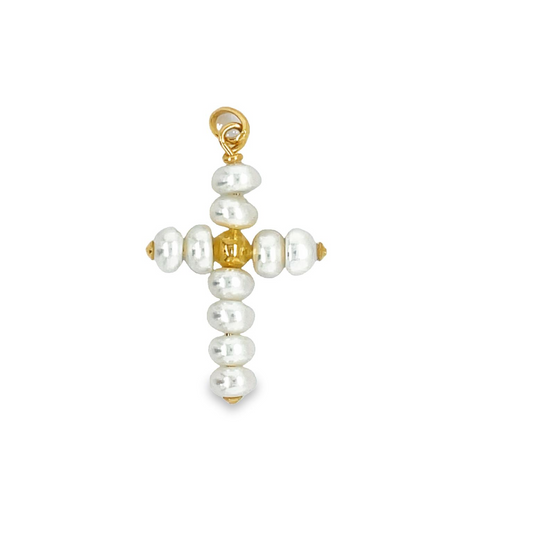 Front view of 14K Cultured Pearl Cross Children Pendant Top view