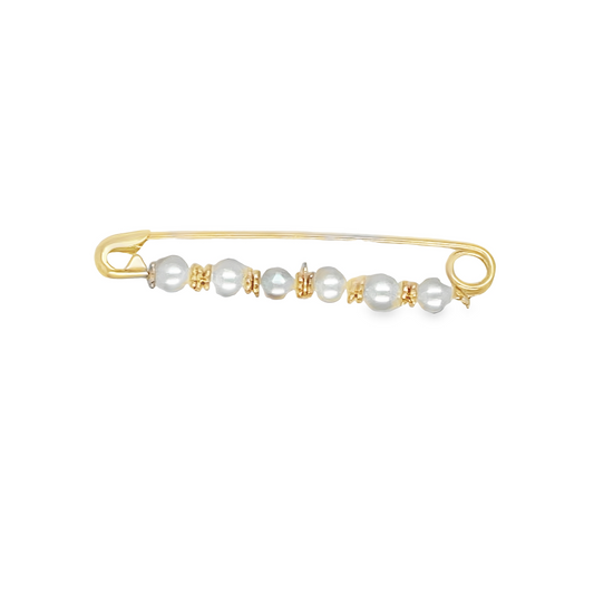 Front view of 14k Gold Pearl Safety Pin with Loop Front view clasp fastened  